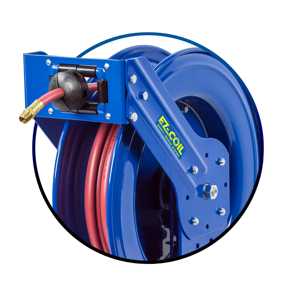 Spring Rewind EZ-Coil hose reel for medium pressure hose 3/8 inch X 50 Feet  3000 PSI (SAE 100R1) hose included
